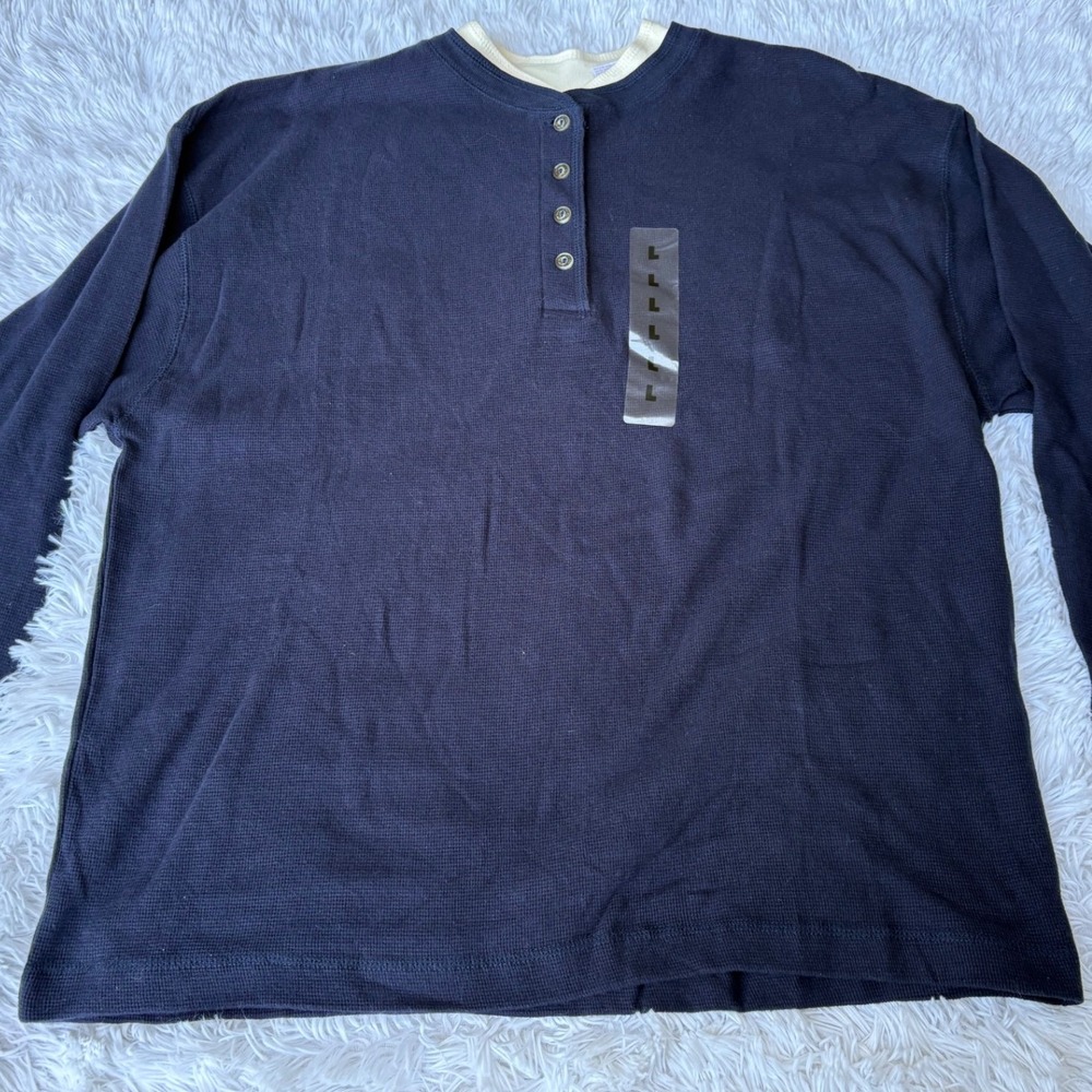 Cherokee Navy Waffle Knit Henley Long Sleeve Shirt Men's L Vintage